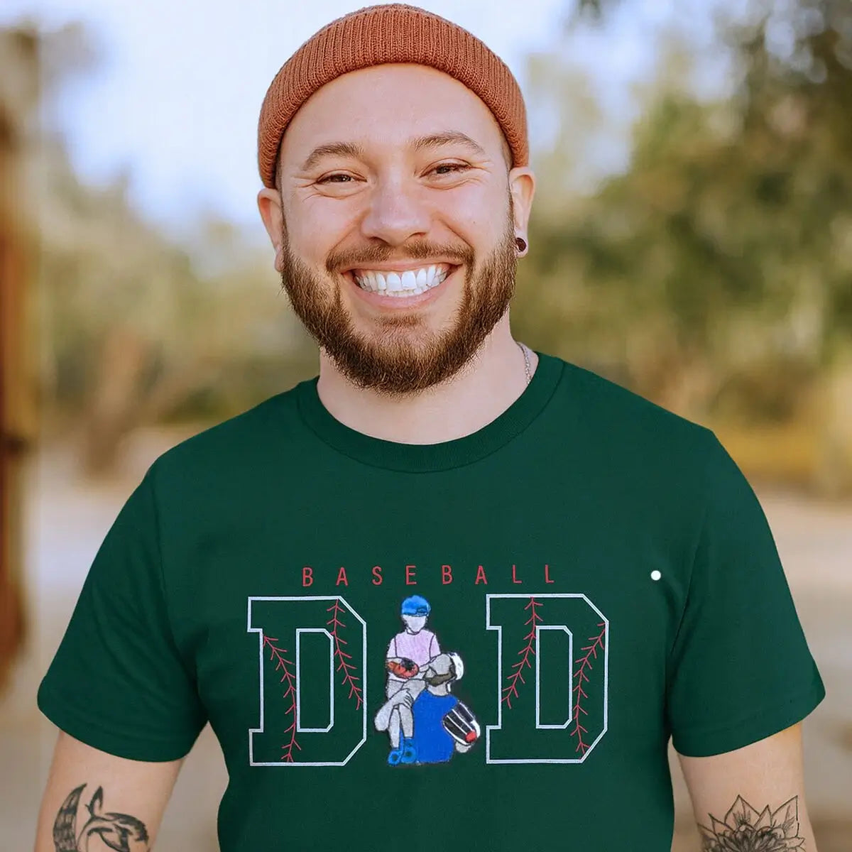 Custom embroidered baseball dad shirt with photo portrait and name on sleeve