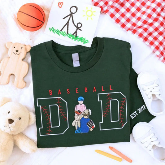 Custom embroidered baseball dad shirt with photo portrait and name on sleeve