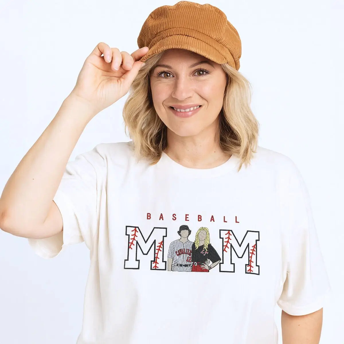 Custom embroidered baseball mom shirt with child’s portrait and personalized sleeve text