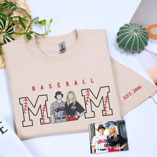 Custom embroidered baseball mom shirt with child’s portrait and personalized sleeve text