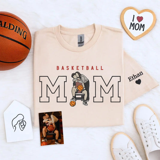 Custom embroidered basketball mom shirt with son's portrait and name on sleeve