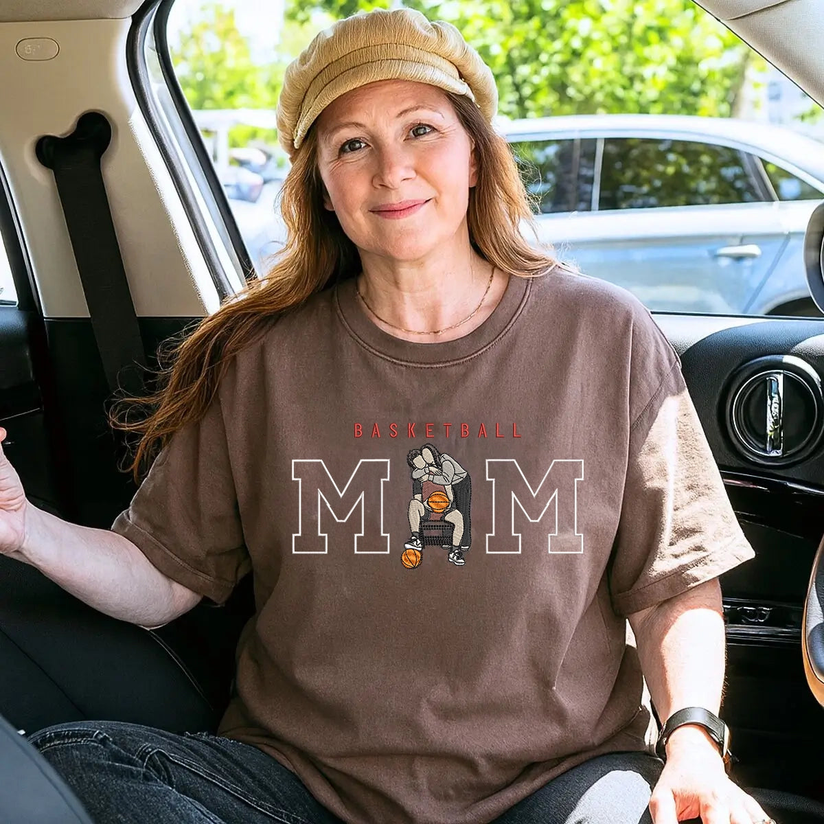 Custom embroidered basketball mom shirt with son's portrait and name on sleeve
