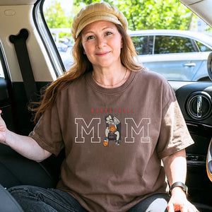 Custom embroidered basketball mom shirt with son's portrait and name on sleeve