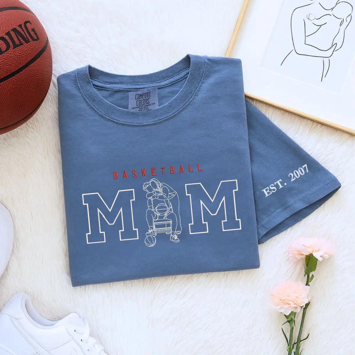 Custom embroidered basketball mom shirt with son's portrait and name on sleeve