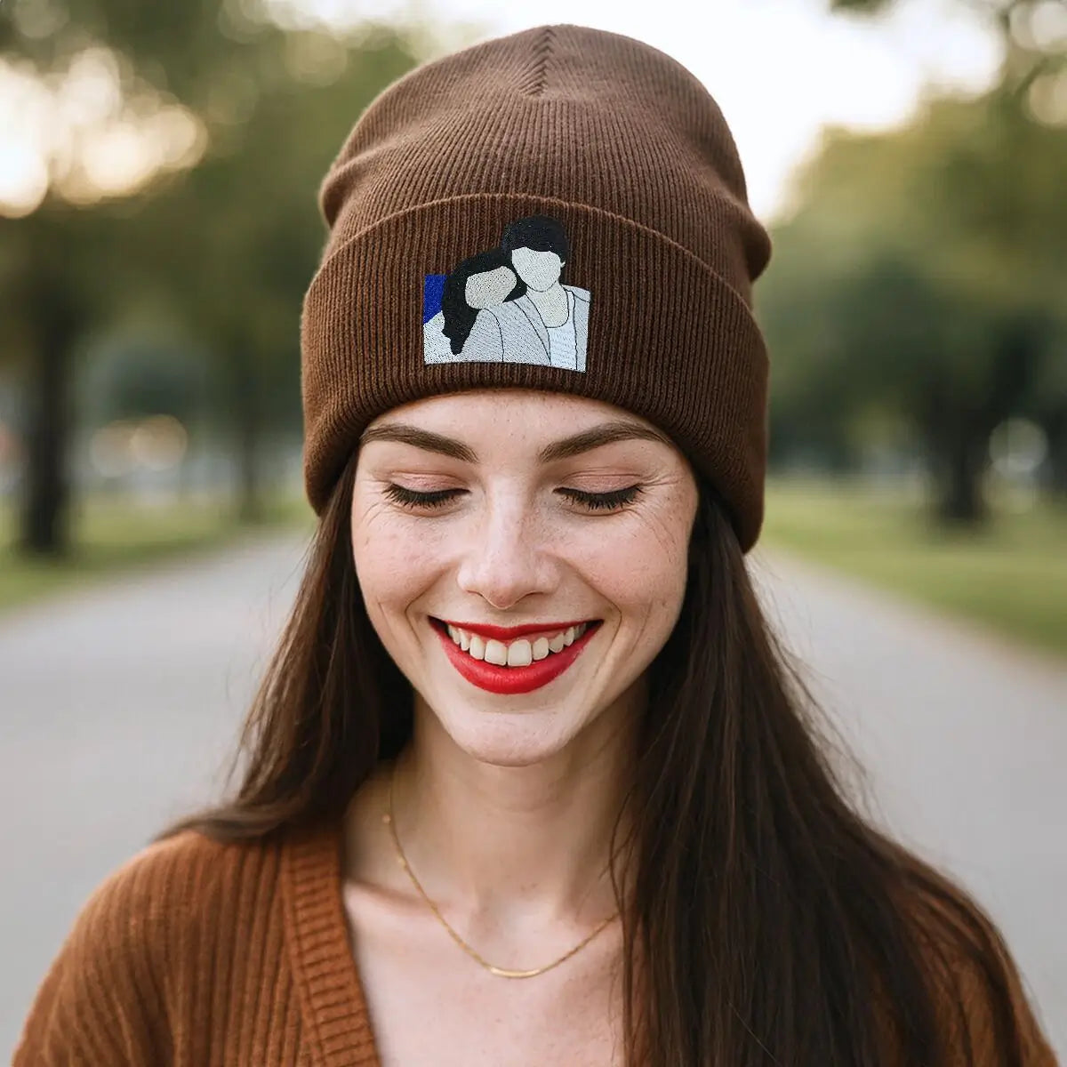 Custom embroidered beanie set for couples featuring personalized photo portrait