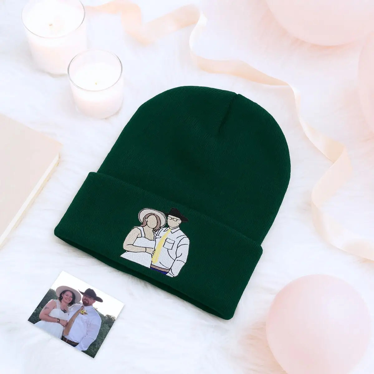 Custom embroidered beanie set for couples featuring personalized photo portrait