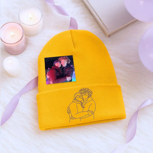 Custom embroidered beanie set for couples featuring personalized photo portrait