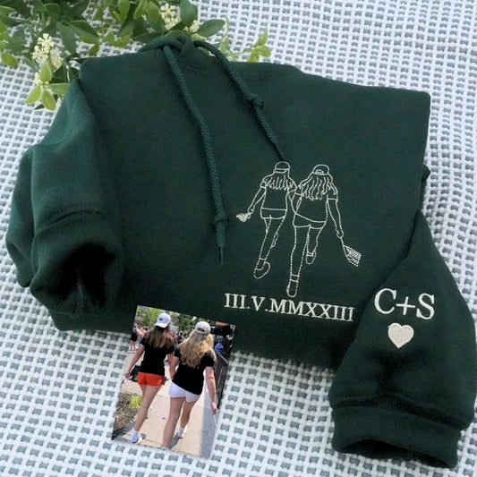 Custom embroidered sweatshirt hoodie showing two best friends, based on a photo, sentimental gift idea.