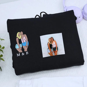 Custom embroidered sweatshirt hoodie showing two best friends, based on a photo, sentimental gift idea.