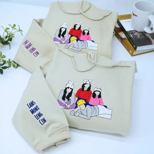 Custom embroidered sweatshirt hoodie showing two best friends, based on a photo, sentimental gift idea.