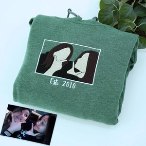 Custom embroidered sweatshirt hoodie showing two best friends, based on a photo, sentimental gift idea.