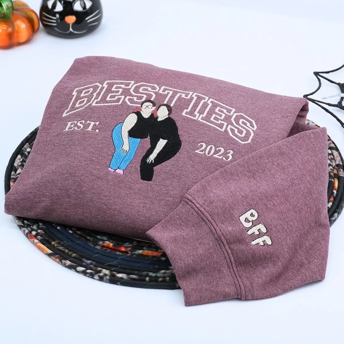 Custom embroidered best friend sweatshirt with portrait and sleeve text – sentimental gift idea