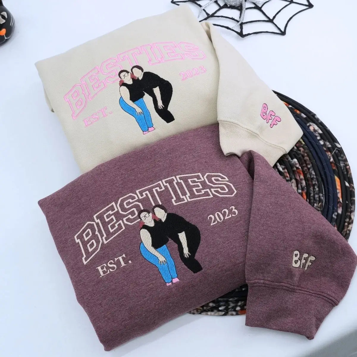Custom embroidered best friend sweatshirt with portrait and sleeve text – sentimental gift idea