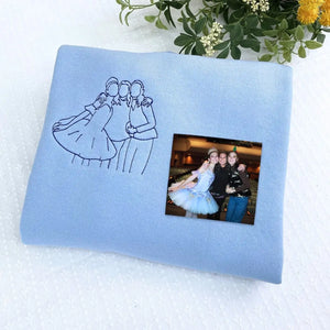Custom embroidered sweatshirt hoodie showing two best friends, based on a photo, sentimental gift idea.