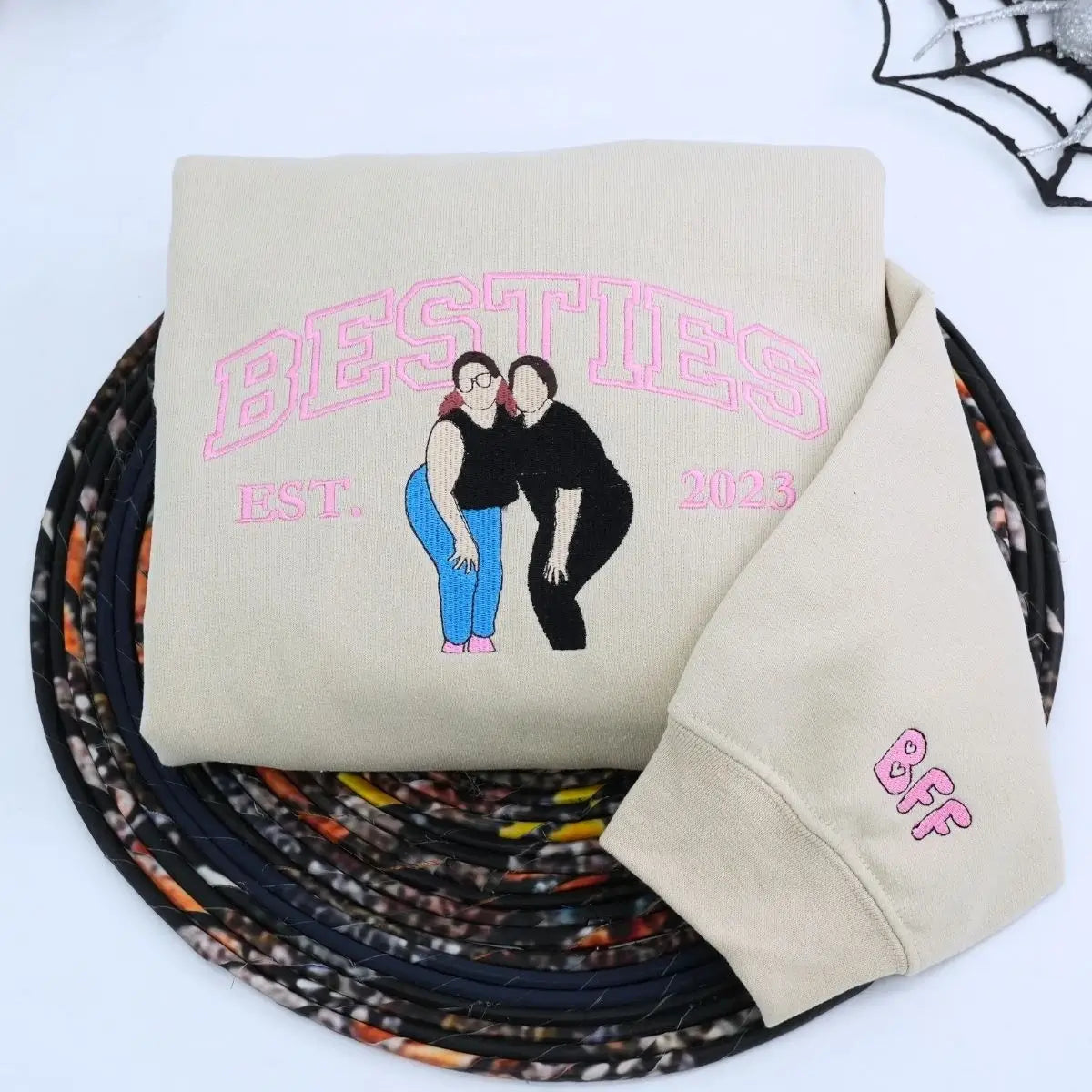 Custom embroidered best friend sweatshirt with portrait and sleeve text – sentimental gift idea