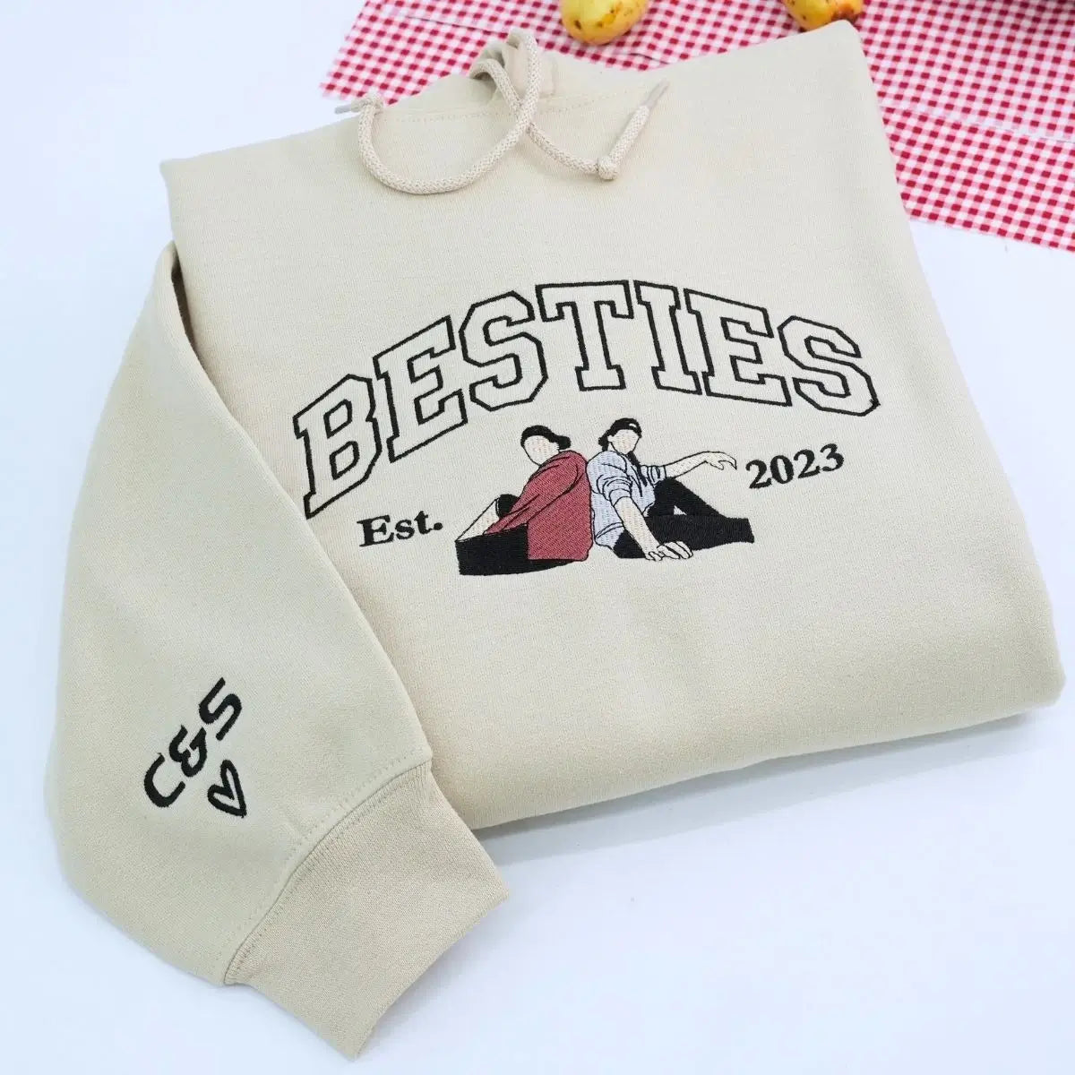 Custom embroidered best friend sweatshirt with portrait and sleeve text – sentimental gift idea