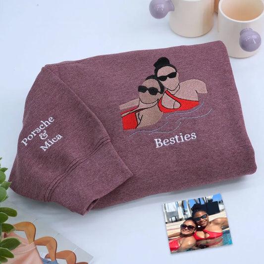 Custom embroidered sweatshirt hoodie showing two best friends, based on a photo, sentimental gift idea.