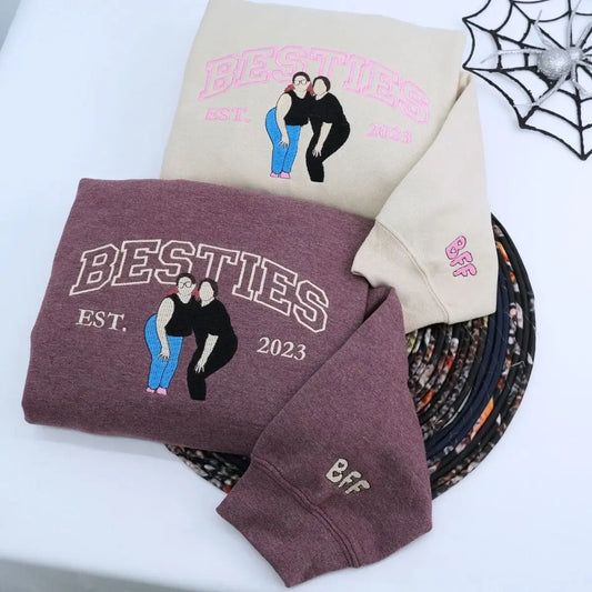Custom embroidered best friend sweatshirt with portrait and sleeve text – sentimental gift idea