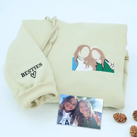 Custom embroidered sweatshirt hoodie showing two best friends, based on a photo, sentimental gift idea.