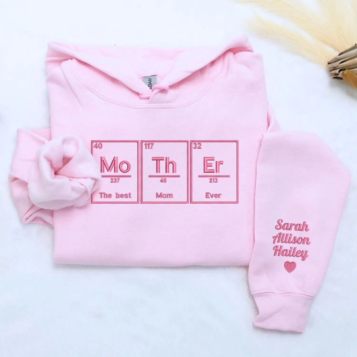 Custom embroidered Best Mom Ever sweatshirt with kids names stitched on sleeve for Mother's Day gift