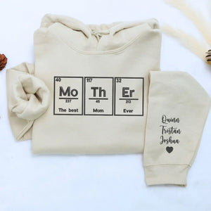 Custom embroidered Best Mom Ever sweatshirt with kids names stitched on sleeve for Mother's Day gift