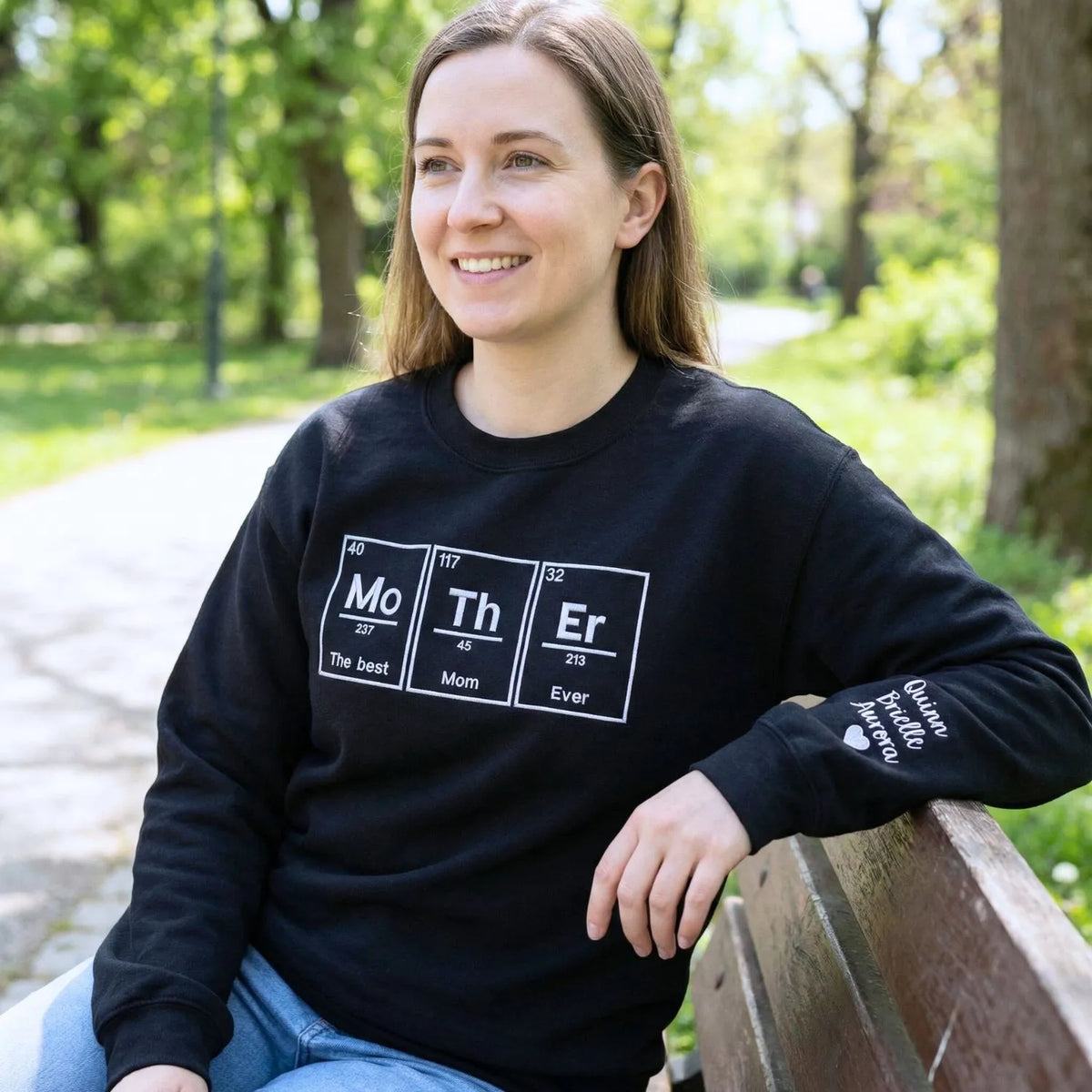 Custom embroidered Best Mom Ever sweatshirt with kids names stitched on sleeve for Mother's Day gift