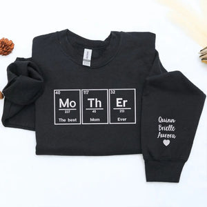 Custom embroidered Best Mom Ever sweatshirt with kids names stitched on sleeve for Mother's Day gift