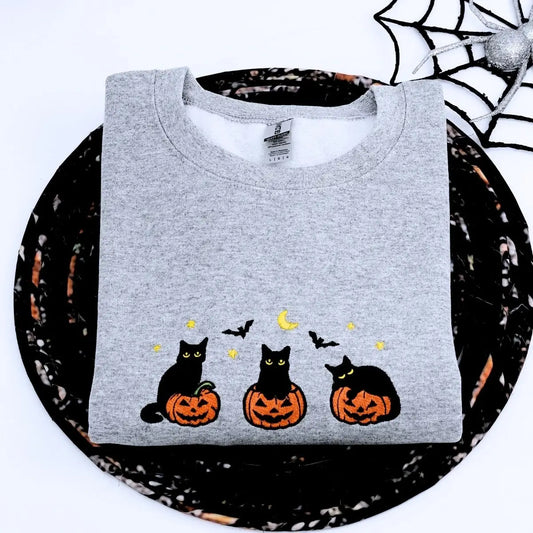 Black Cat Halloween Sweatshirt, Embroidered Halloween Gifts for Her