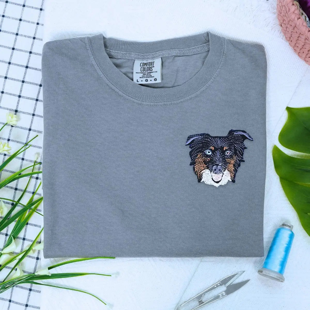 Custom embroidered Border Collie dad shirt with dog portrait and name on sleeve