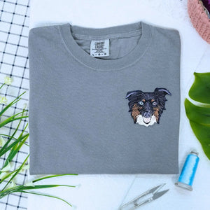 Custom embroidered Border Collie dad shirt with dog portrait and name on sleeve