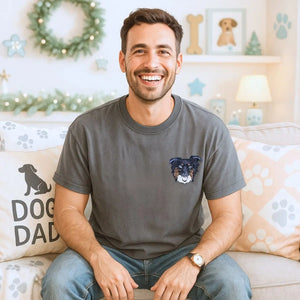 Custom embroidered Border Collie dad shirt with dog portrait and name on sleeve