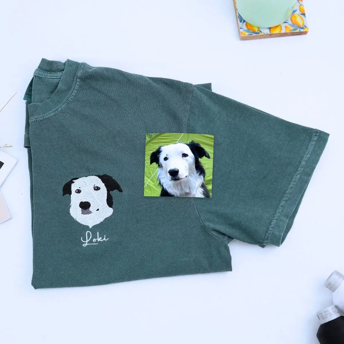 Custom embroidered Border Collie dad shirt with dog portrait and name on sleeve