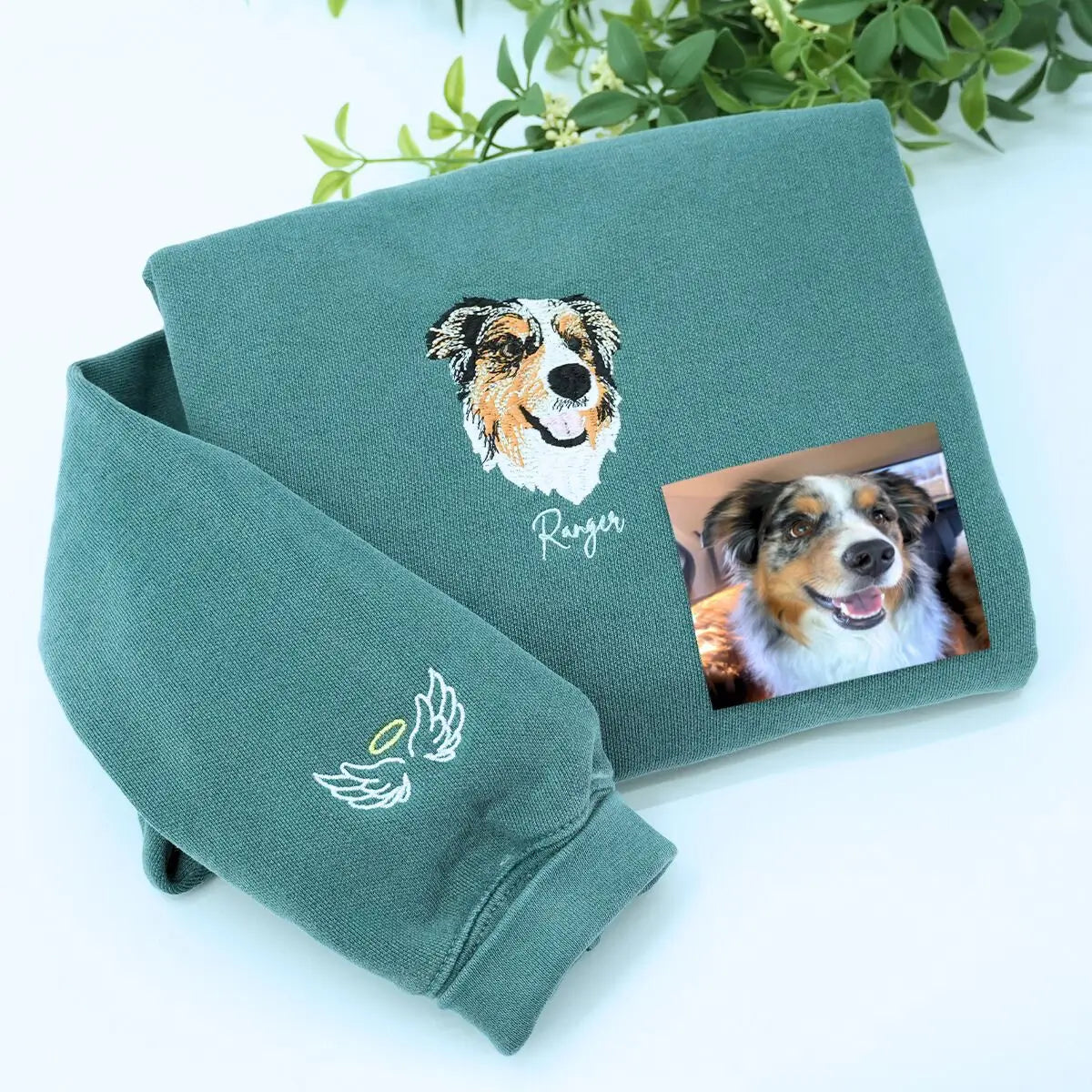 Custom embroidered Border Collie dad shirt with dog portrait and name on sleeve