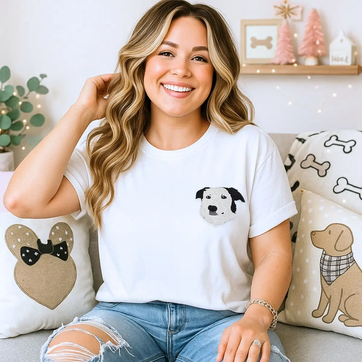 Custom embroidered Border Collie mom shirt with dog portrait and personalized sleeve text