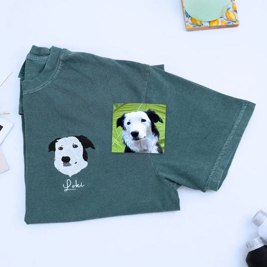 Custom embroidered Border Collie mom shirt with dog portrait and personalized sleeve text