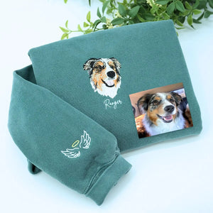 Custom embroidered Border Collie mom sweatshirt with dog portrait and personalized sleeve text