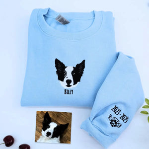 Custom embroidered Border Collie mom sweatshirt with dog portrait and personalized sleeve text