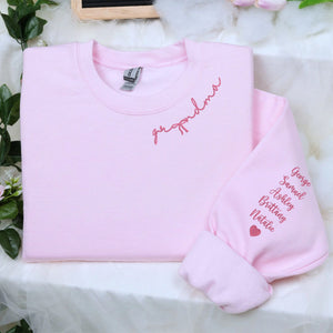 Custom embroidered mama sweatshirt with coquette bow and kids names stitched on sleeve in soft neutral fabric