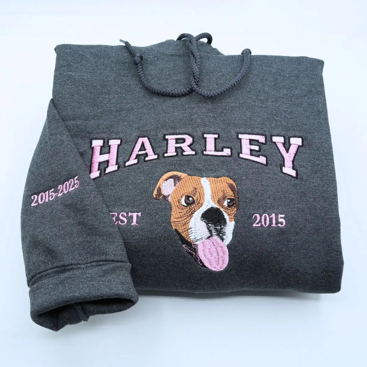 Custom embroidered Boxer dog dad shirt with photo portrait and name on sleeve