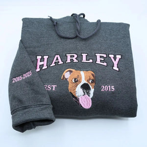 Custom embroidered Boxer dog dad shirt with photo portrait and name on sleeve