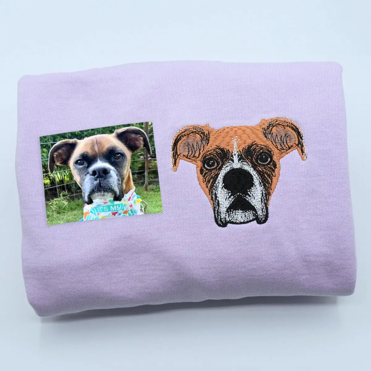 Custom embroidered Boxer dog dad shirt with photo portrait and name on sleeve