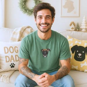 Custom embroidered Boxer dog dad shirt with photo portrait and name on sleeve