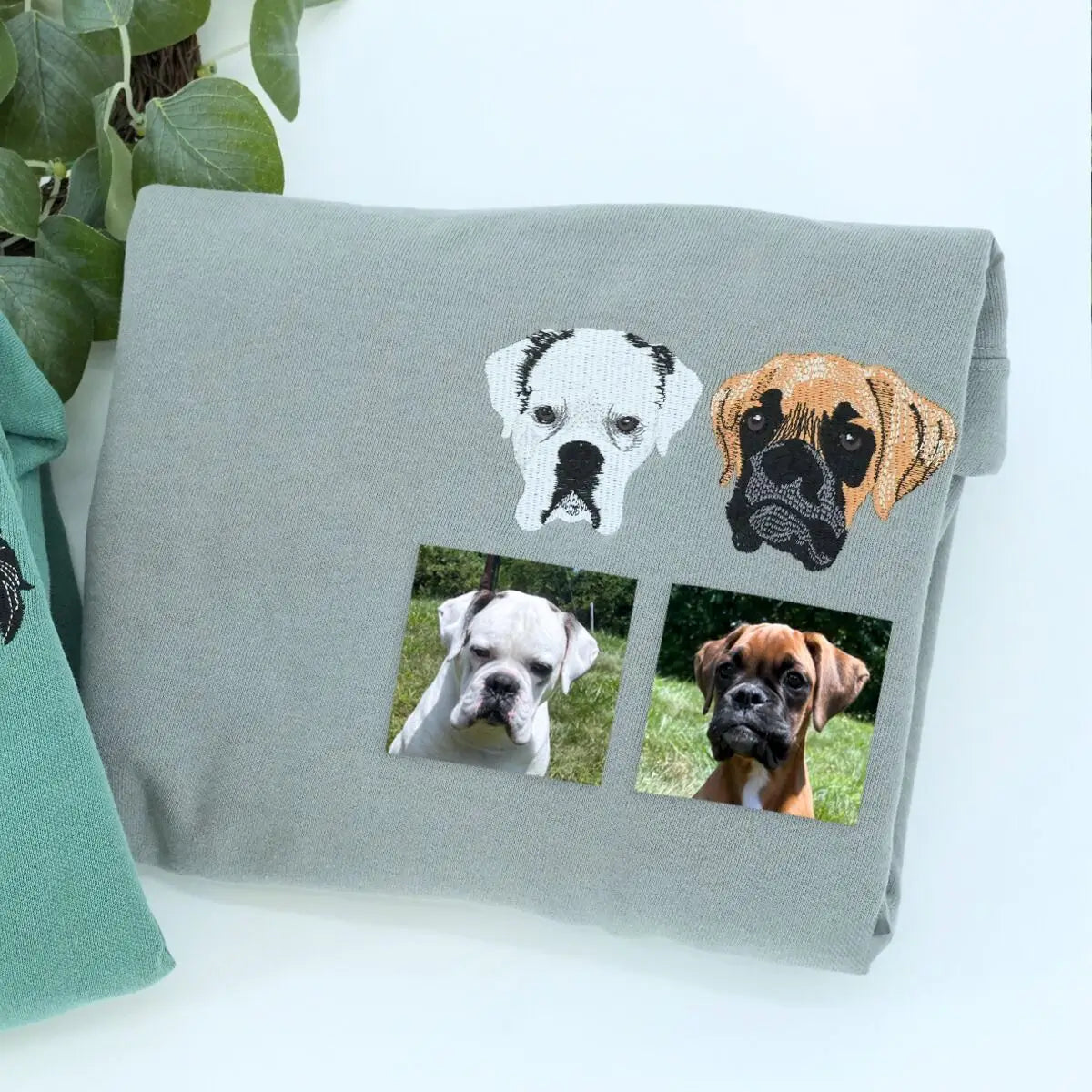 Custom embroidered Boxer dog dad shirt with photo portrait and name on sleeve