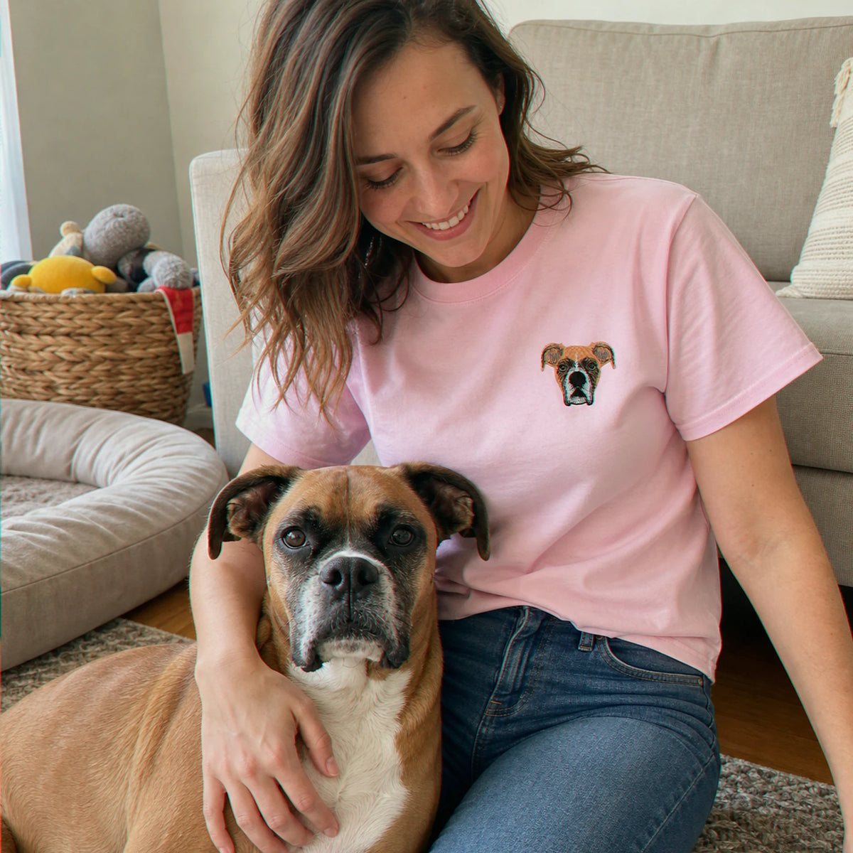 Custom Boxer Portrait T-Shirt for Dog Lover - Embroidered Pet Photo Full Color Tee & Name - Personalized Dog Parent Gift