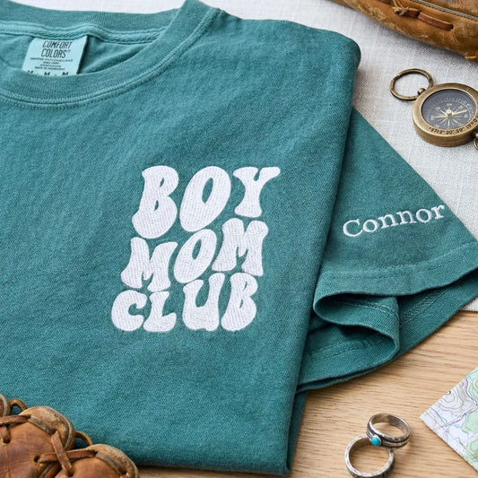 Custom embroidered boy mom shirt with kids names on sleeve personalized gift for new mother wearing casual outfit