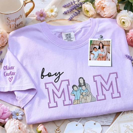 Custom Embroidered Boy Mom Portrait Photo T-Shirt or Sweatshirt, Boy Mom Gifts from Husband, Sister & Friends