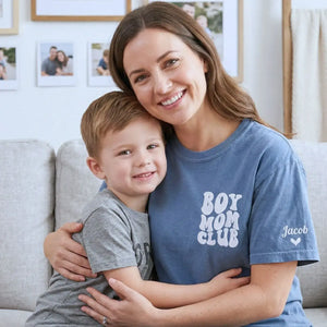 Custom embroidered boy mom shirt with kids names on sleeve personalized gift for new mother wearing casual outfit