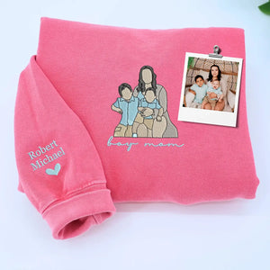 custom boy mom embroidered sweatshirt with child portrait from photo