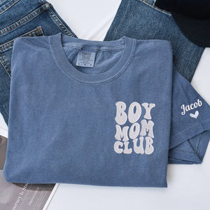 Custom embroidered boy mom shirt with kids names on sleeve personalized gift for new mother wearing casual outfit