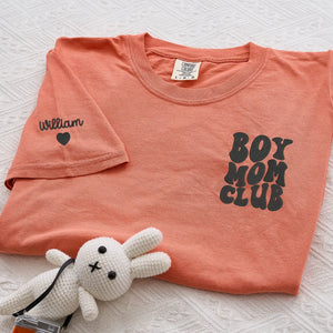 Custom embroidered boy mom shirt with kids names on sleeve personalized gift for new mother wearing casual outfit